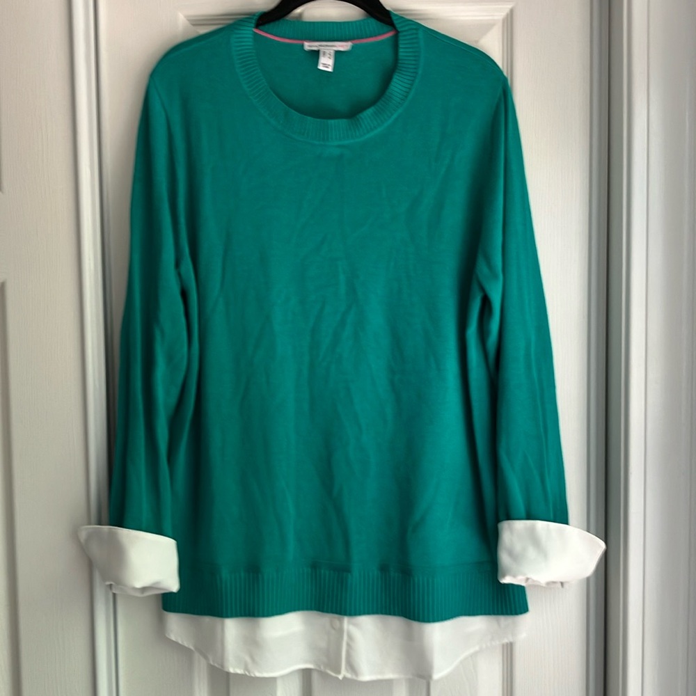 Isaac Mizrahi sweater tunic layered look round neck long sleeve cuffs green LG